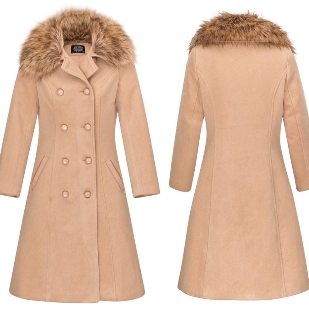 Vintage Look Longline Faux Fur Collar Winter Coat